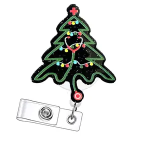 Christmas Retractable Badge Reels, Acrylic ID Holders with Clips for Nurses, Doctors, Students & Office Staff, 15-Piece Set, Badge Decoration