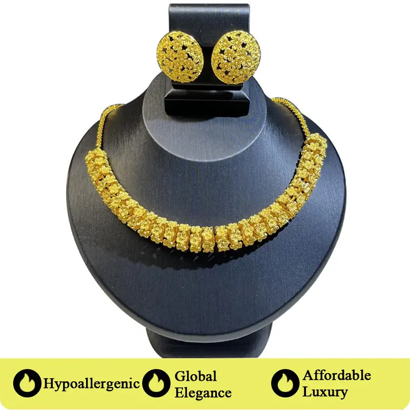 Women's Dubai Gold-Plated Chunky Cuban Link Necklace & Geometric Plug Earrings Fashion Jewelry Set - Stylish, Trendy, Gold-Colored Costume Jewelry for Daily Wear, Bridal Gifts, Gold-Colored Jewelry Sets