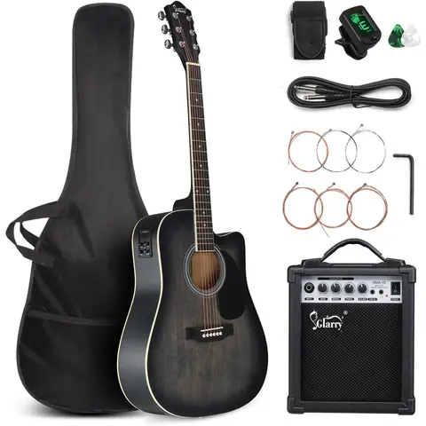 GLARRY 41-Inch Full Size 6-String Cutaway Basswood Acoustic-Electric Guitar Beginner Kit, w/ 15W Amp, Built-In Tuner, Laurel Pick-Guard to Prevent Scratches, Bag, Strap, Picks, Phosphor Bronze Strings - Distressed Black (TikTok Shop Back to School)