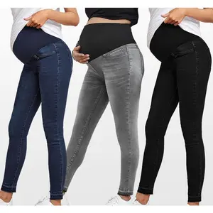 High-waisted maternity denim pants with belly support, slim fit, stretch fabric for spring and autumn; suitable as maternity wear and can be worn with a raincoat