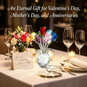 Colorful Rose Flower Crystal Figurine with Vase Bouquet, Handmade K9 Crystal Ornament, Home Table Decor for Wife & Girlfriend, Ideal Gift for Valentine's Day, Wedding & Anniversary