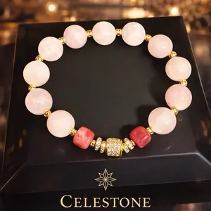 Celestone Rose Quartz Beaded Bracelet with Gold Accents and strawberry quartz Beads for Women's Fashion Jewelry