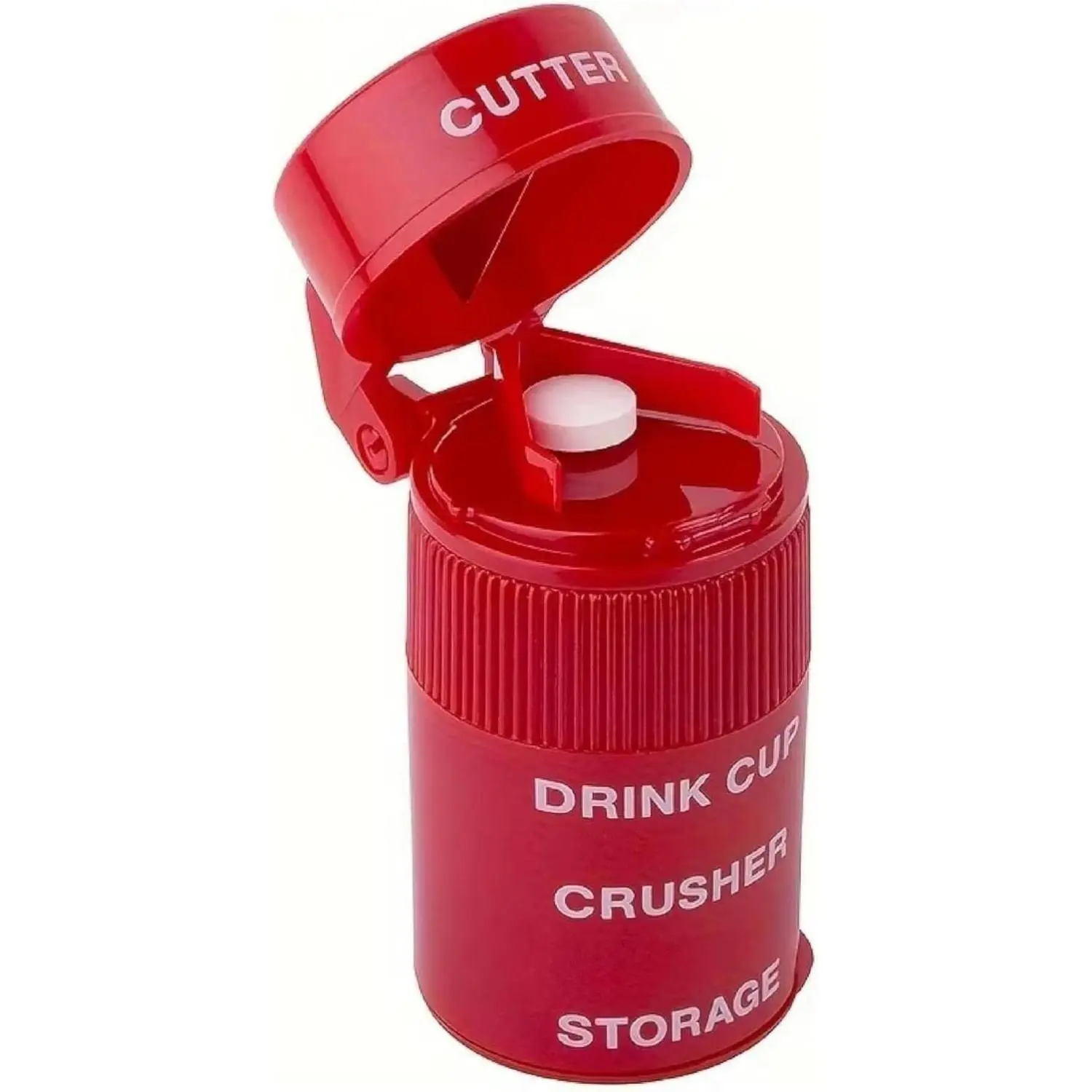 EZY DOSE 3 Compartment Pill Crusher, Cutter and Grinder, Daily Usage, Safely Cut Pills, Vitamins, Tablets, Accurate and Easy Cutting, Stainless Steel Blade, Removable Drinking Cup, Red, BPA Free