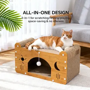 3-in-1 Cat Scratcher House, Wooden Cat Bed Cave with Corrugated Scratching Pad & Hanging Toy, All-in-One Cat Furniture for Indoor Cats