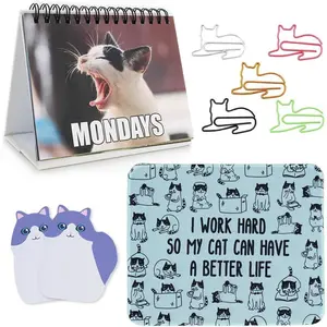Office Gift for Cat Lovers| Cute Cat Office Supplies - Funny Cat Memes Desktop Flipbook, Cat Mouse Pad, Cat Shaped Bookmark Paper Clips, Cat Sticky Notes, Accessories for Home School Work Office