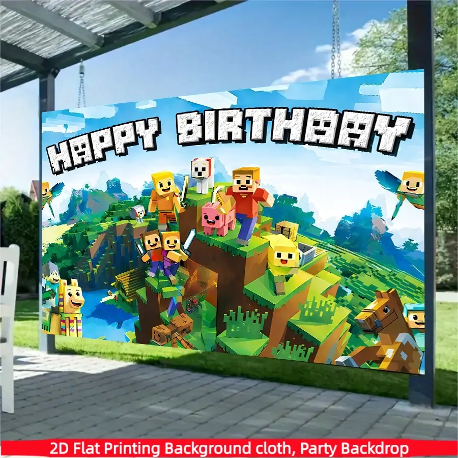 Pixel game birthday party background banner, Birthday backdrop, polyester material, suitable for birthday party decoration, stage and room decoration, home decoration, photo booth background, indoor/outdoor decoration, Party Decorations Banners