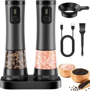 Automatic Pepper Grinder with Storage Base Electric Salt and Pepper Grinder Set Rechargeable Salt Mill with LED Power Display with Kitchen Light