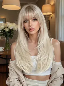 24-Inch Hairpiece with Bangs, Layered Straight Hair, Natural Voluminous Style, High-Temperature Synthetic Fiber Wig, Straight Layered Wigs, Festival Music Event