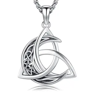 DRINSPER S925 Celtic Moon Necklace 925 Sterling Silver Necklace, Good Luck Crescent Irish Necklace Moonstone Pendant Celtic Knot Jewelry Gift for Women Men