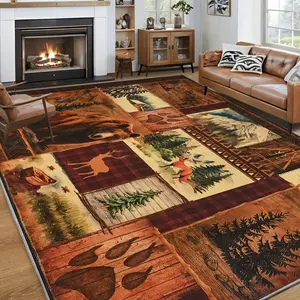 1pc Large Luxury Plush Mat Brown Bear & Elk Forest Pattern Rustic Cabin Lodge Design Extra Large Floor Mat Non-Slip Mat for Living Room Bedroom Kitchen Ideal for Christmas & Thanksgiving Decor Bedroom Mat Holiday Decoration Natureinspired Design