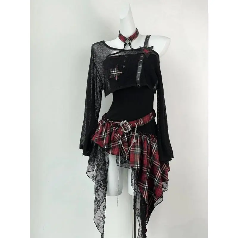 Black Gothic 2-Piece Dress Set for Women, Chic Vintage Outfit with a Long Sleeve Crop Top and Irregular Slim Fit Slip Dress, Clothes, Chic Set, Irregular Dress