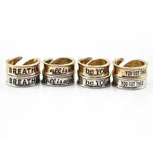 Katia Designs Remember Single Finish Adjustable Ring Antique Gold/Silver Finish Inspirational Message Breathe All Is Well Be You You Got This Slightly Adjustable Size