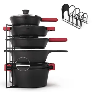 Cuisinel 5-Tier Cast Iron Pan Organizer Rack - Heavy Duty Holds 50 LB - Kitchen Storage for Skillets, Griddles & Pots - Silicone Coated Steel - Counter & Cabinet Space Saver