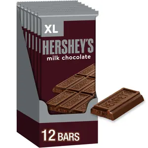 (A)HERSHEY’S Milk Chocolate XL Candy Bars, 4.4 oz Each, Bulk Pack with 12 Bars and 16 Chocolate Pieces, Classic Creamy Milk Chocolate Candy for Sharing and Snacking