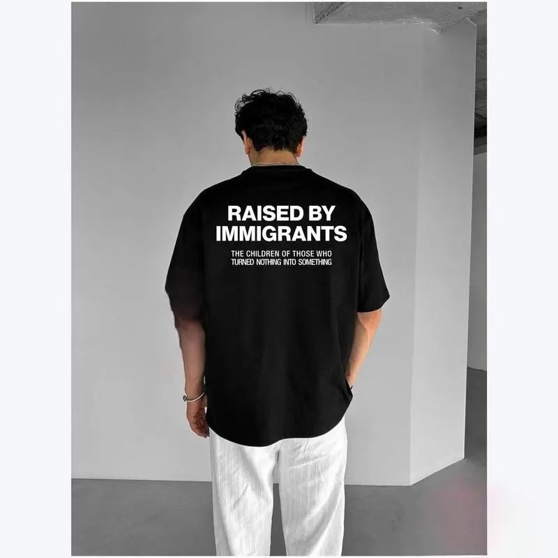 Men's Cotton Short-Sleeve Classic Ribbed Soft Streetwear Shirt - Raised By Immigrants First Gen Empowerment Tee, Comfort Colors Vintage Washed, Limited Edition Mature Style For Immigrant Children