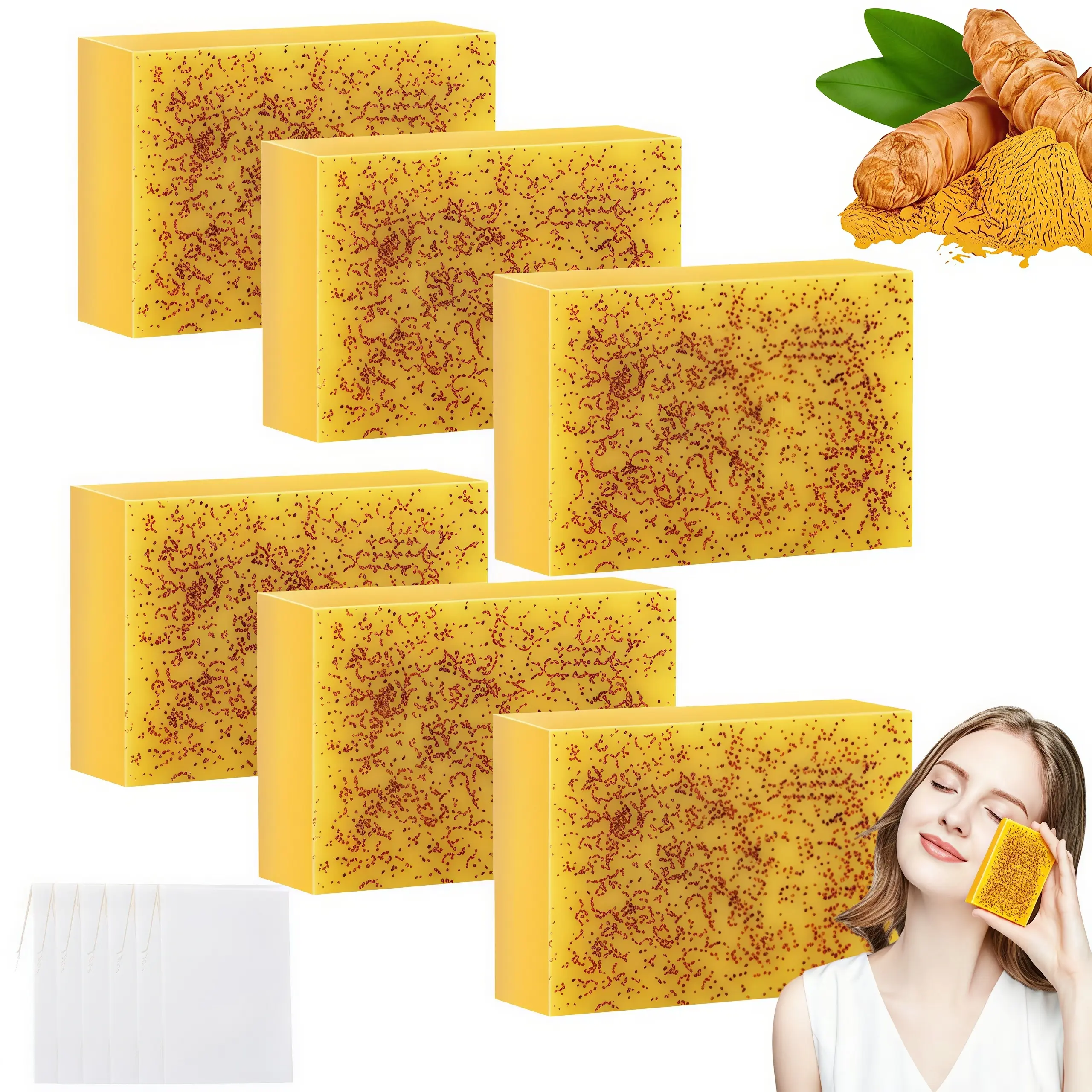 LMMAKE 2PCS/6PCS Natural Turmeric Kojic Acid Soap Bars – Triple Action Formula for Brightening, Smoothing & Deep Cleansing; Reduces Dark Spots & Improves Skin Texture, Ideal for Morning & Night Facial and Body Care