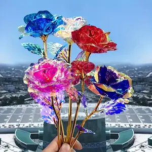 16 Gold Foil Artificial Roses - Vivid blue, purple and pink artificial flowers for Valentine's Day, Mother's Day, Thanksgiving, Teachers' Day and party decorations, bouquet accessories