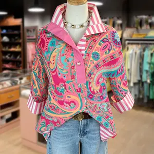 Cherrybetty Retro Paisley Print Striped Collar Three Quater Sleeve Blouse Going Out Tops Plussize Summer Tops Womens Summer Clothing  Clothes For Women Shirts Womenswear