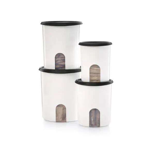One Touch Canister Reminder Set & Scoop option - 4 Piece Airtight Seal Food Storage Containers with Transparent Viewing Windows for Everyday Use Round Kitchen Storage, Junior: 5¼ cups  Small: 8½ cups  Medium: 12½ cups  Large: 18 cups