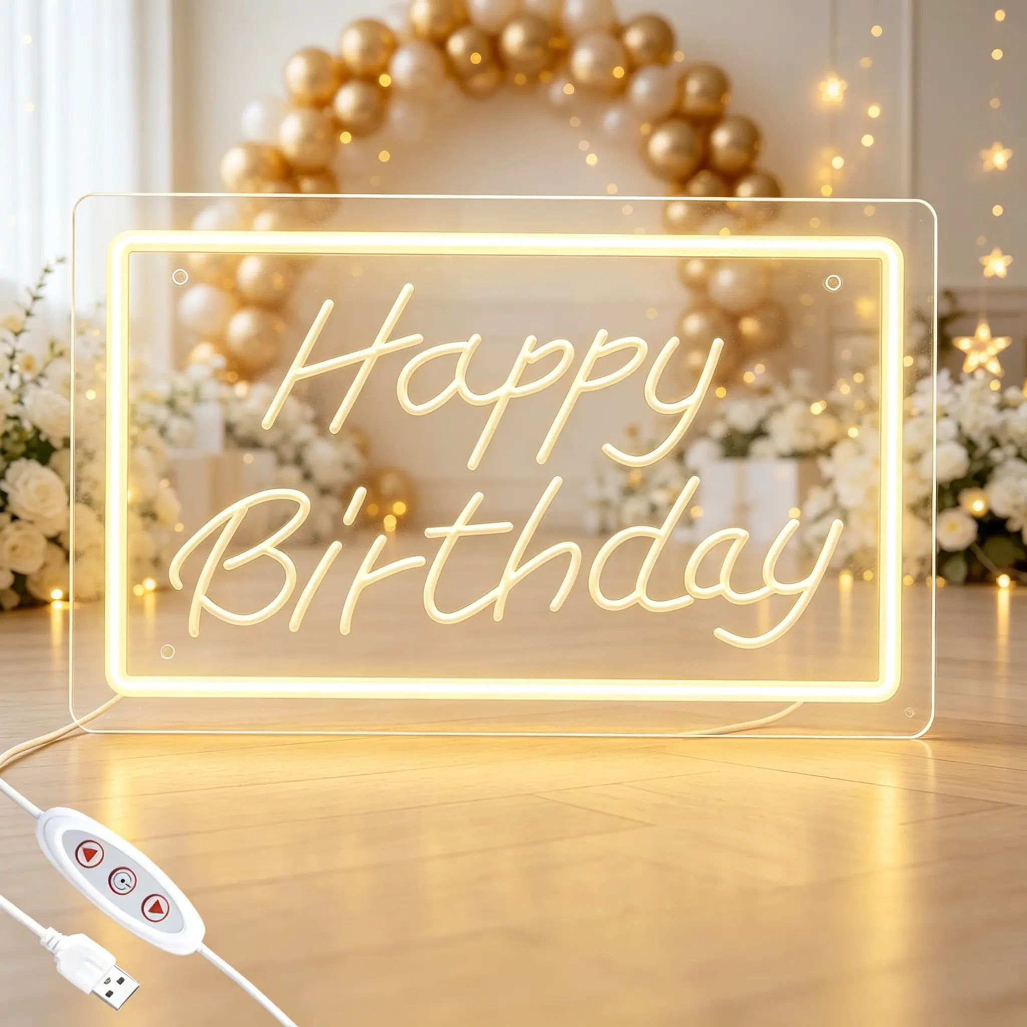Dimmable Happy Birthday LED Neon Sign (11.8x8.26in) - USB-Powered, Adjustable Light Warm Tone, Acrylic Board Wall Decor for Birthday Celebration, Home Hanging Lights, Room Decor, Birthday Party