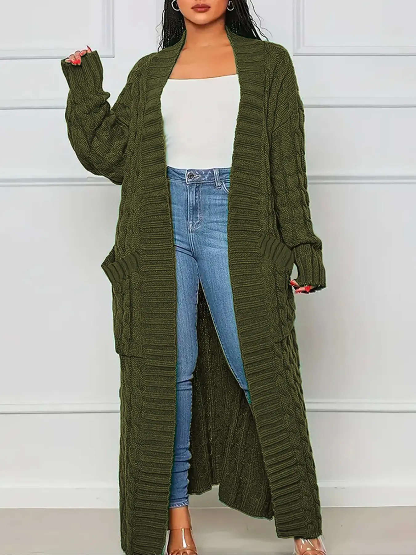 [Plus Size] Solid Color Textured Pocket Drop Shoulder Long Cardigan Loose Fit, Casual Style Long Sleeve Open Front Knitwear Knitting for Fall & Winter, Women's Plus Clothing for Daily Wear