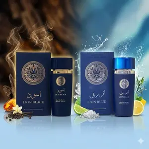 2 Bottles Set Lion Black/Lion Blue Eau De Parfum for men. masculine fragrance. a deep blend of smoky woods, rich spices, and a touch of citrus. Volume: 100ml / 3.4 fl.oz. Ideal for the modern man who leads with strength and style.