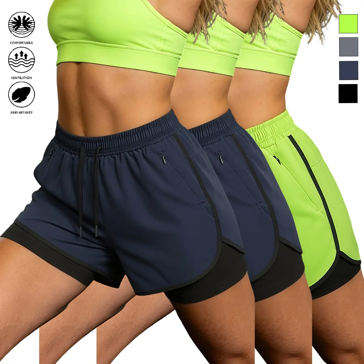 Women's Polyester Fabric 3-Pack Elastic Waist Shorts - Quick-Drying, Breathable Sporty Chic Fitness Shorts with Drawstring, Side Zippered Pockets, Abrasion-Resistant Wrinkle-Resistant Inner Lining, Loose Fit for Running, Workouts (Multiple Colors)