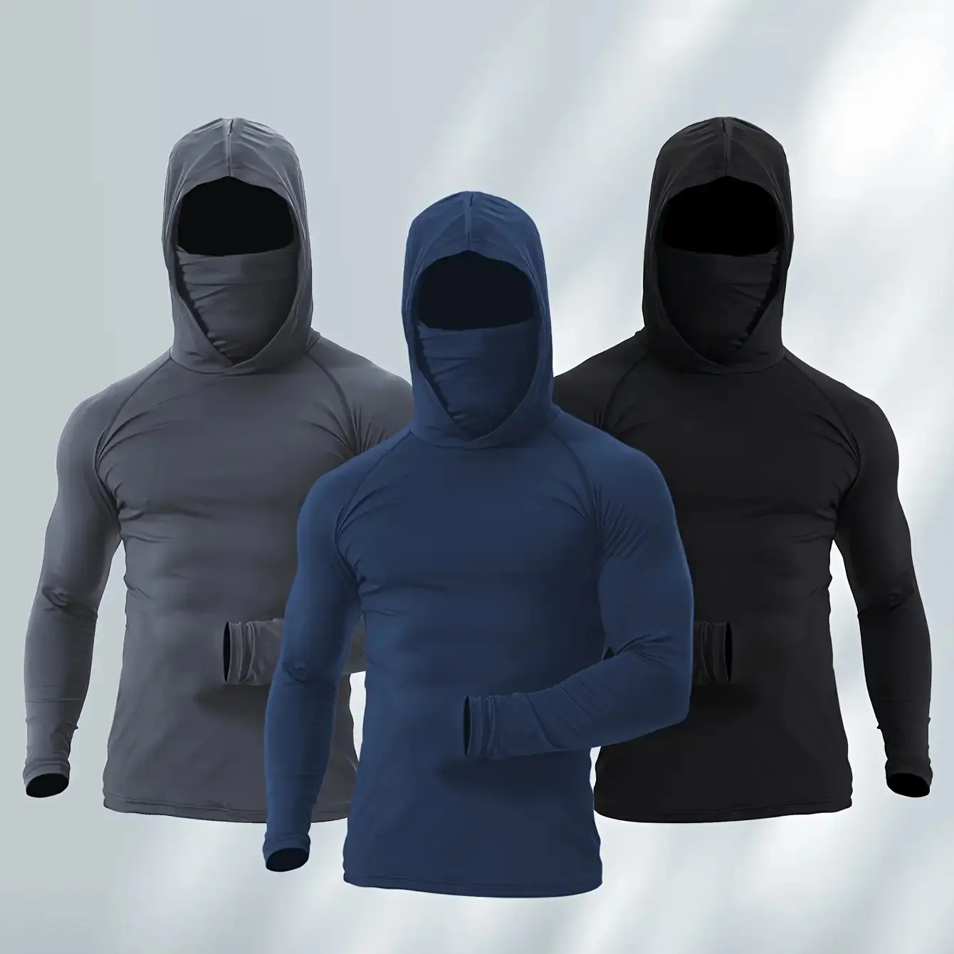 Men's Sports Hoodie, Long Sleeve Quick-Dry Compression Wear with Built-in Face Mask, Windproof for Outdoor Runs & Fitness, Long Sleeve Protective Men's Sports Hoodie, Sporty Sports Tops