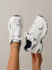 New Thick Sole Women's Fashion Casual Shoes, Breathable Comfort Flat Mesh Outdoor Running Sports Shoes, Running Sneakers, All Seasons Textile PU Rubber