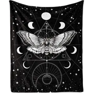 Death Moth Throw, Soft Gothic Moth Flannel Blanket, Cozy Plush Death Skull Blanket Boho Sun and Moon Blanket, Gifts for Teens Bed  50"*60"