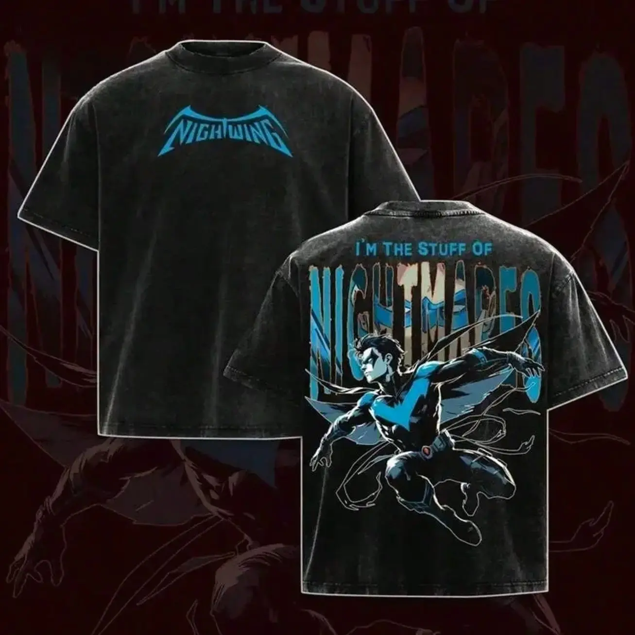 Washed Black Nightwing Tshirt for Men Oversized Short Sleeve Casual Streetwear Tee Featuring "Nightwing" Logo and "I'm the Stuff of Nightmares" Quote for Harajuku and Grunge Style K58