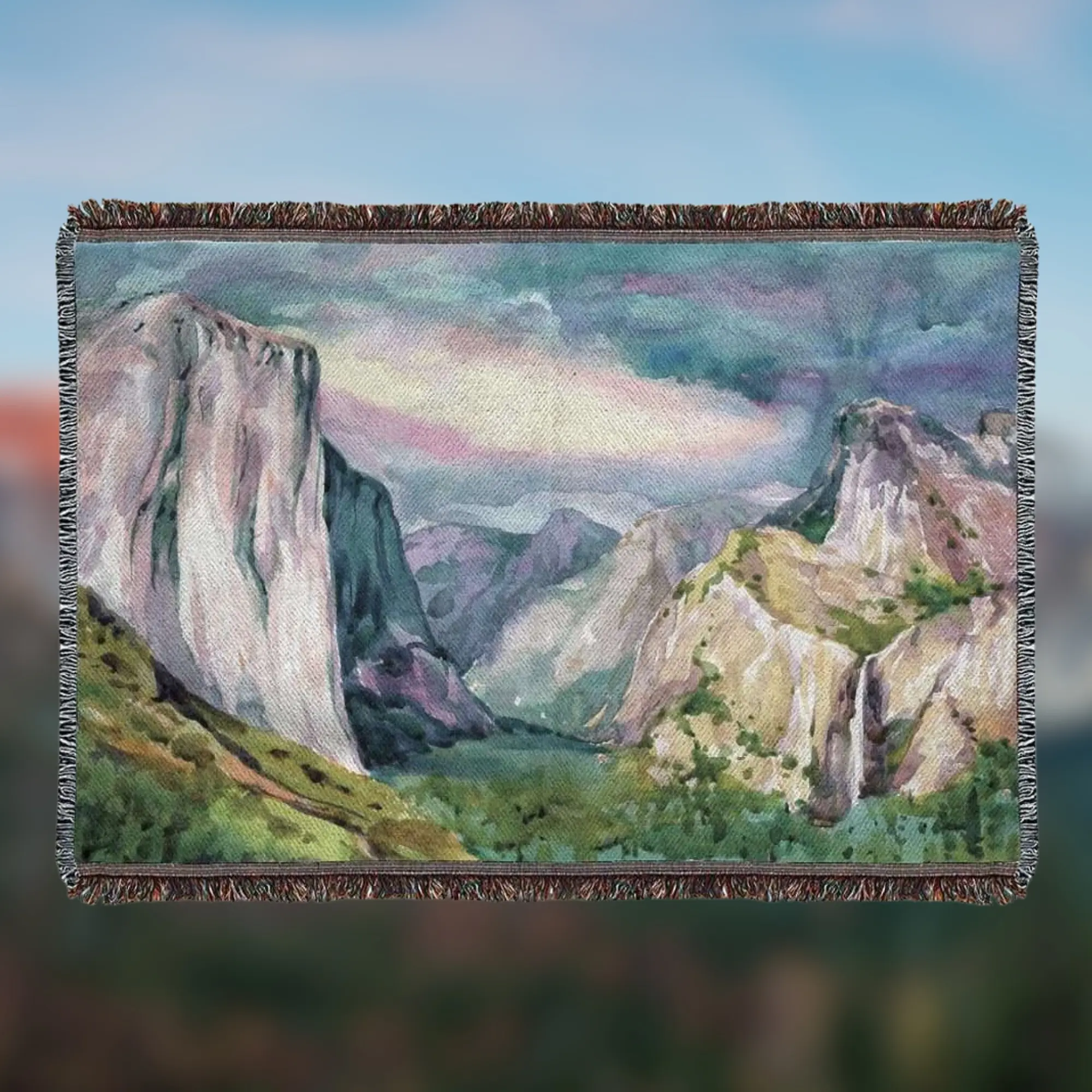 Yosemite Natural Woven Cotton Blanket, Artistic Watercolor Print Throw with Tapestry Fit for Wall Decor, Multi-Size, Made in USA, Hiking/Camping
