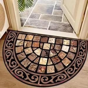 Entry mat, Vintage rug, Machine Washable Rug, Decorative Rug, retro semicircular door mat, imitation metal tile pattern carpet, retro European design, non-slip, soft, washable indoor/outdoor mat, suitable for outdoor courtyard & front door