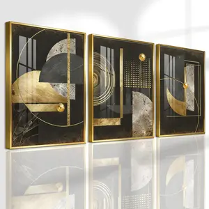 3 Counts Aluminum Alloy Framed Painting, Abstract Geometric Gold And Black Art Pictures, Home Decoration For Living Room, Bedroom, Office, Restaurant, Hallway Wall Decor, Odorless Print Artwork, Luxury Perfect Gift For Friends And Family