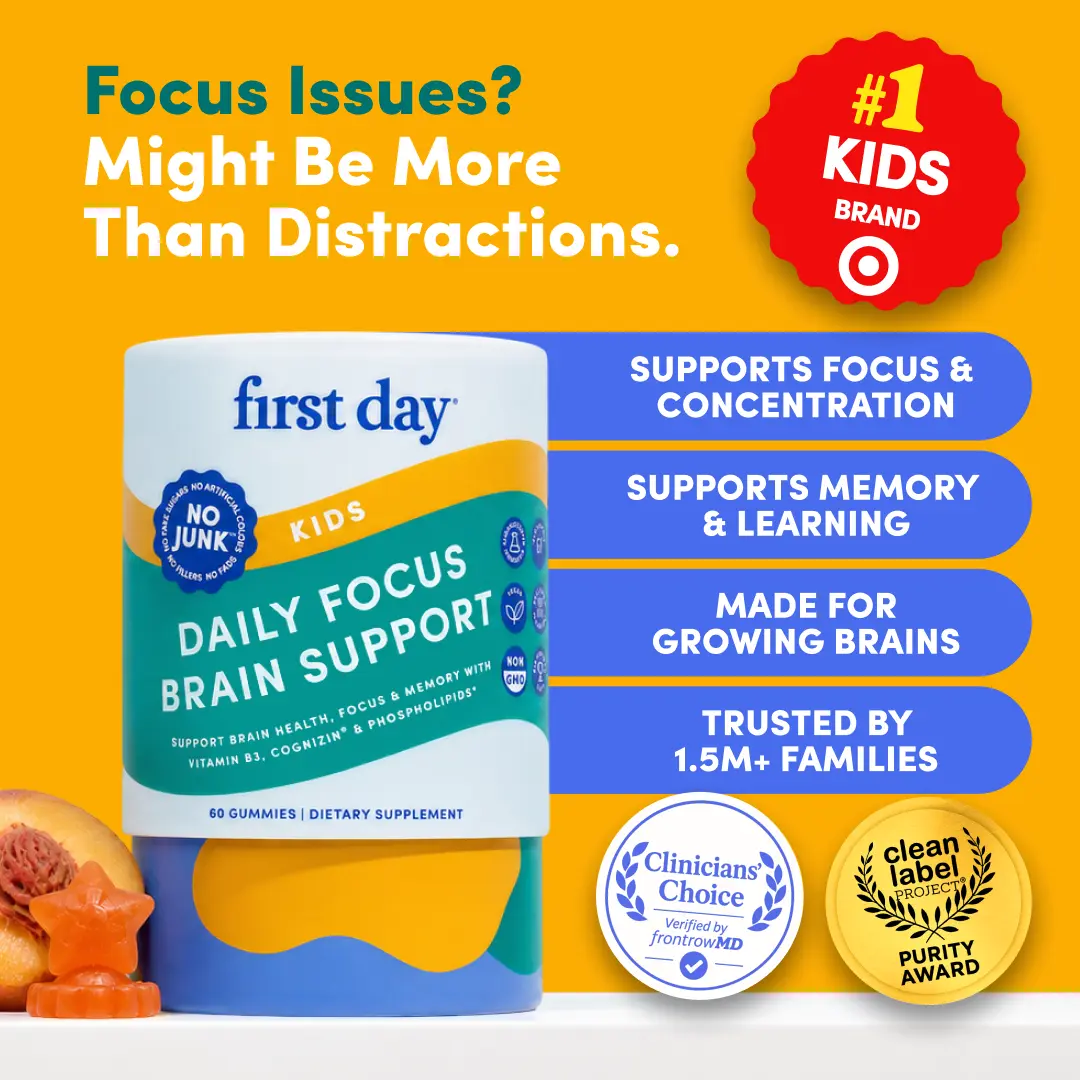 First Day Kids Focus Gummies Ages 4-12, Natural Peach Flavor — Cognizin Citicoline, Phosphatidylserine, Vitamin B3 — Focus, Memory, Learning, Brain Energy — Caffeine-Free, 30-Day Supply, Vegan, Non-GMO, Kosher, No Junk Dietary Healthy