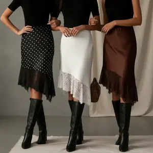 Women’s Stylish Satin Midi Skirt – polka dot or solid design with lace trim and an asymmetrical hem; elegant, flowy bottoms for daily wear and parties