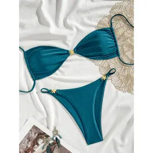 Two-Piece Set Women's Starfish Decor Bikini Set, Solid Color Swim Top & Swim Bottom, Solid Ruched Bikini, Ladies Swimsuit for Beach Holiday Vacation, Bathing Suit Bikini