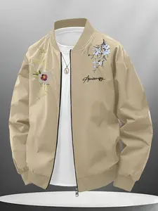 Trendy Men's Light Cherry Blossom Pattern Baseball Jacket, Casual Street Style Outerwear, Long Sleeve H-Type Coat for All Seasons