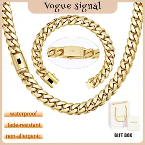 14K Gold-Plated Necklace & Bracelet Set – 6-14mm Sizes, Waterproof, Rust-Resistant, Fade-Proof, Unisex Fashion Jewelry, Perfect Gift men hip hop