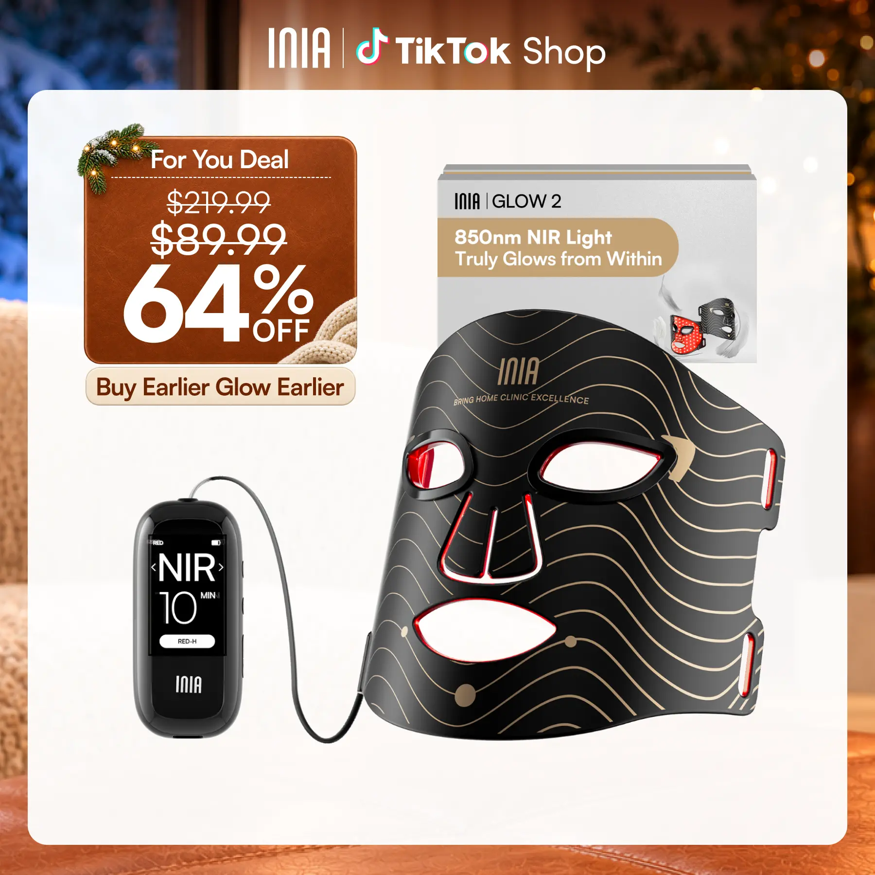 [New Color Drop] INIA GLOW 2 Red Light Therapy Mask , 4 Light Modes with 850nm NIR, 2600mAh Rechargeable LED Face Mask for Skincare at Home and Travel, Summer Beauty Gift Ideas,back to school,back to school haul