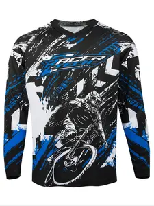 Motorcycle Off-Road Long Sleeve Shirt, Biker T Shirt, Sporty Fitted Design, Random Print Pattern, All Season Wear, Moderate Fabric Thickness, Athletic Sports Clothing
