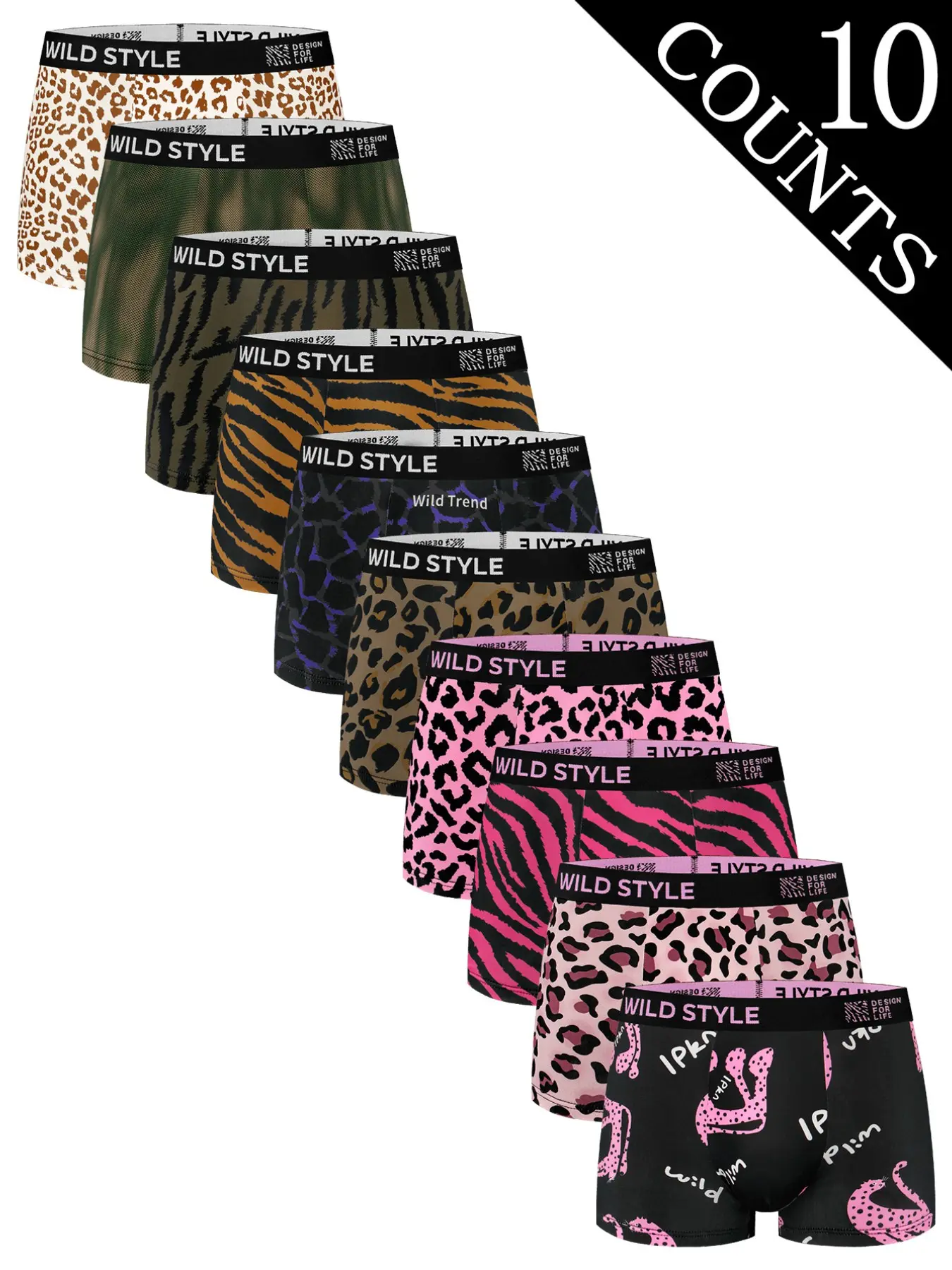10 pcs men's printing leopard print flat cornered Streetwear Underwear, soft and comfortable, Casual, Mix and match trendy styles, Suitable for daily home leisure, Breathable elastic fabric, Underwear All Seasons, Stretchy Boxer Briefs Pack