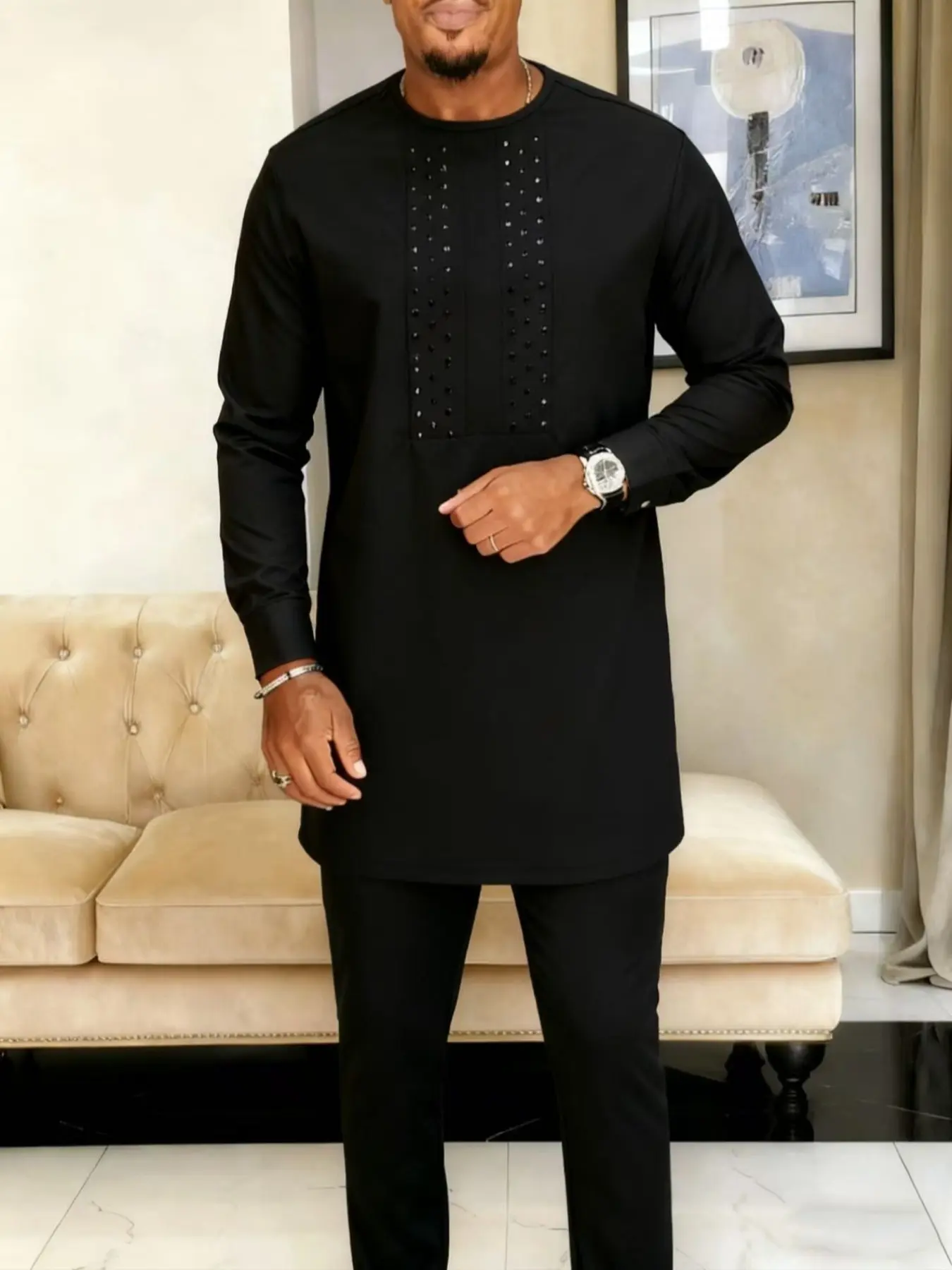 2 Piece Men's Suit Outfits For Muslim, Kurta Muslim Style Modest Black Round Neck Long Sleeve Rhinestone Accents Design Kaftan African Casual Wedding Holiday Party Business Ramadan Gift Traditional Clothing H Type Silhouette