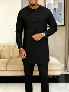 2 Piece Men's Suit, Kurta Muslim Style Black Round Neck Long Sleeve Rhinestone Accents Design Kaftan African Casual Wedding Holiday Party Business Ramadan Gift Traditional Clothing H Type Silhouette