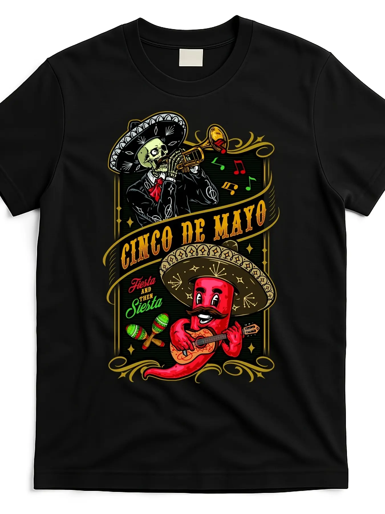 2026 Spring & Summer Collection Men's Cinco de Mayo Fiesta Graphic T-Shirt - Mariachi Theme, Vibrant Skeleton & Chili Pepper, Love Print, Short-Sleeve, Round Neck, Breathable Fabric, Lightweight Cloth, Casual Streetwear Black Menswear Top