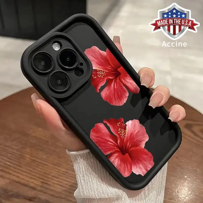 Hibiscus Blooms Pattern TPU Phone Case for iPhone 16 15 14 Pro Max 13 12 11 XR XS Plus Shockproof Non Slip Military-Grade Protection Silicone Cover Cellphone Protective Smartphone Casing
