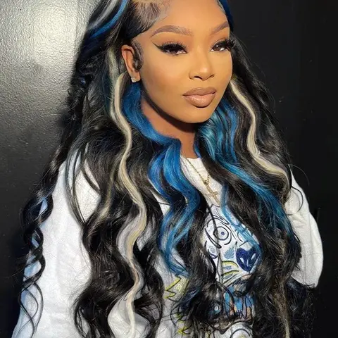 26 Inch Black Blonde Blue Highlights Body Wave Wig Heat Resistant Synthetic Hair Soft & Lightweight Natural Parting Wavy Wigs