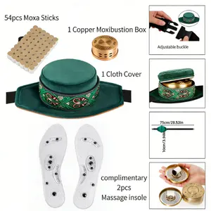 Smokeless Copper Moxibustion Tank - Home Therapy Tool, Manual Easy-Operation Device for Neck & Back Dampness Relief, Complete Kit with 54 Moxa Sticks, Cloth Cover, Massage Insoles & Accessories Body Care Daily