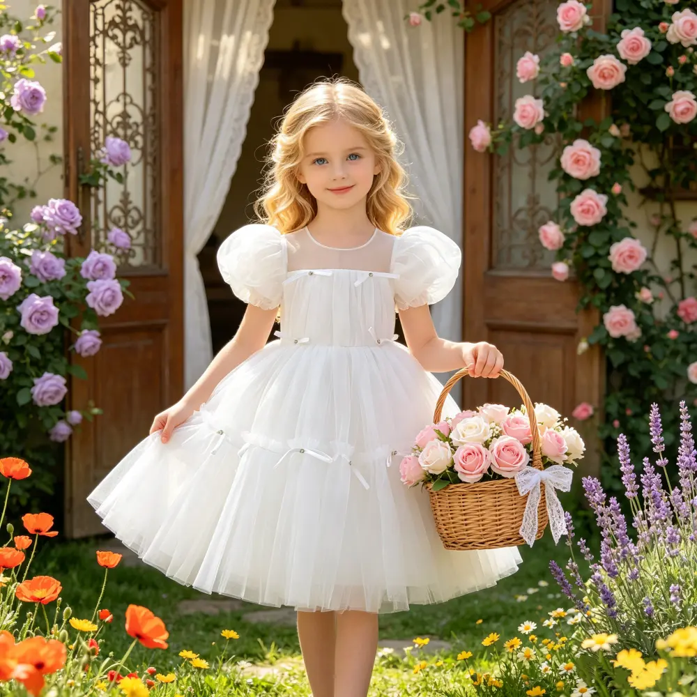 6130 Children's formal dress princess style gown for older girls featuring puff sleeves bowknot and mesh fabric suitable for performances and special occasions.