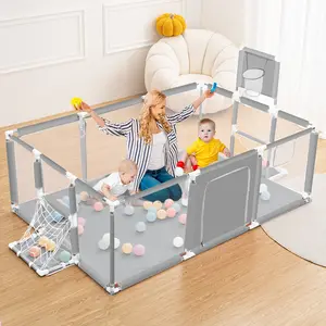 CAVEEN Baby Playpen 71.6x47.96x25.2 Inch, Safe Play Space with Basketball Hoop, Play Pens for Babies and Toddlers Baby Fence Play Yards for Indoor & Outdoor with Breathable Mesh Anti-Fall Playpen, - Easy Storage Toddler Fence for Activity & Nap, Grey